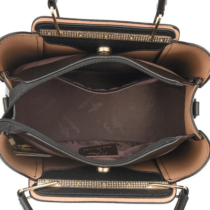 Vaeni women’s handbag interior, open top with zipper, tan lining and inner pocket