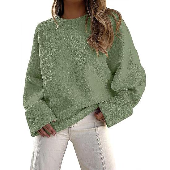 Green crewneck long-sleeve pullover sweater with ribbed cuffs and hem