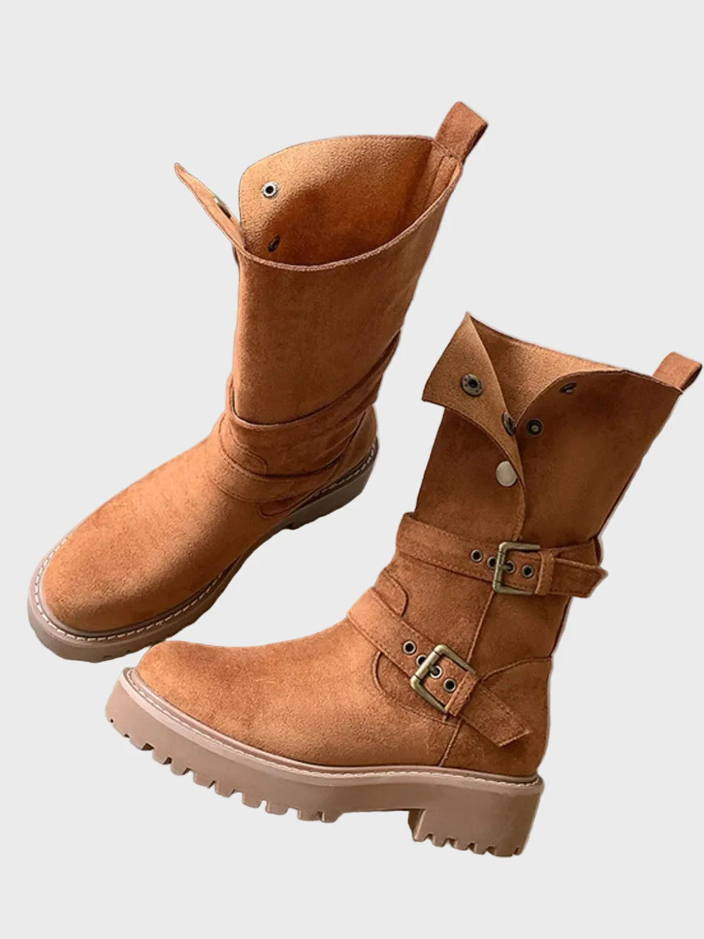 Brown suede winter boots with sherpa collar detail and double buckle straps