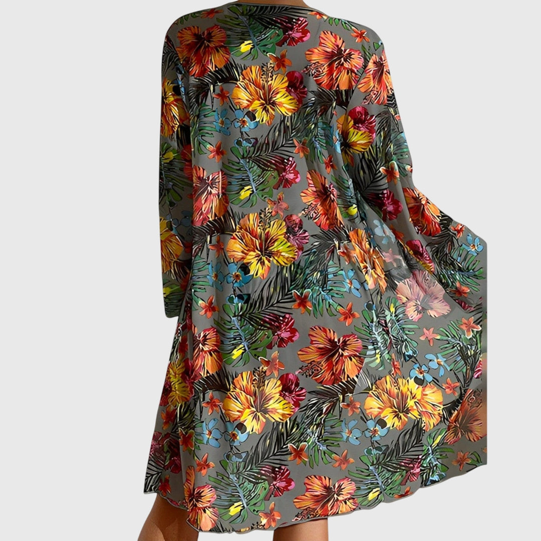 Floral beach cover-up robe with back view and long sleeves, flowing kimono shape