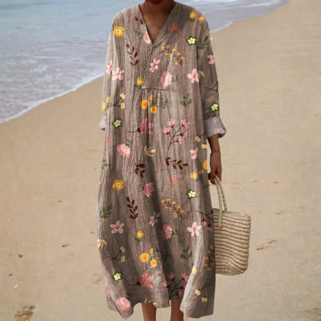 Floral printed summer dress in gray with V-neck and long sleeves