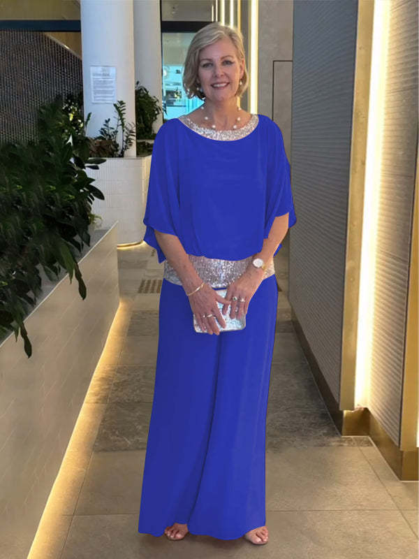 Blue relaxed top and wide-leg trousers set, sequined waistband