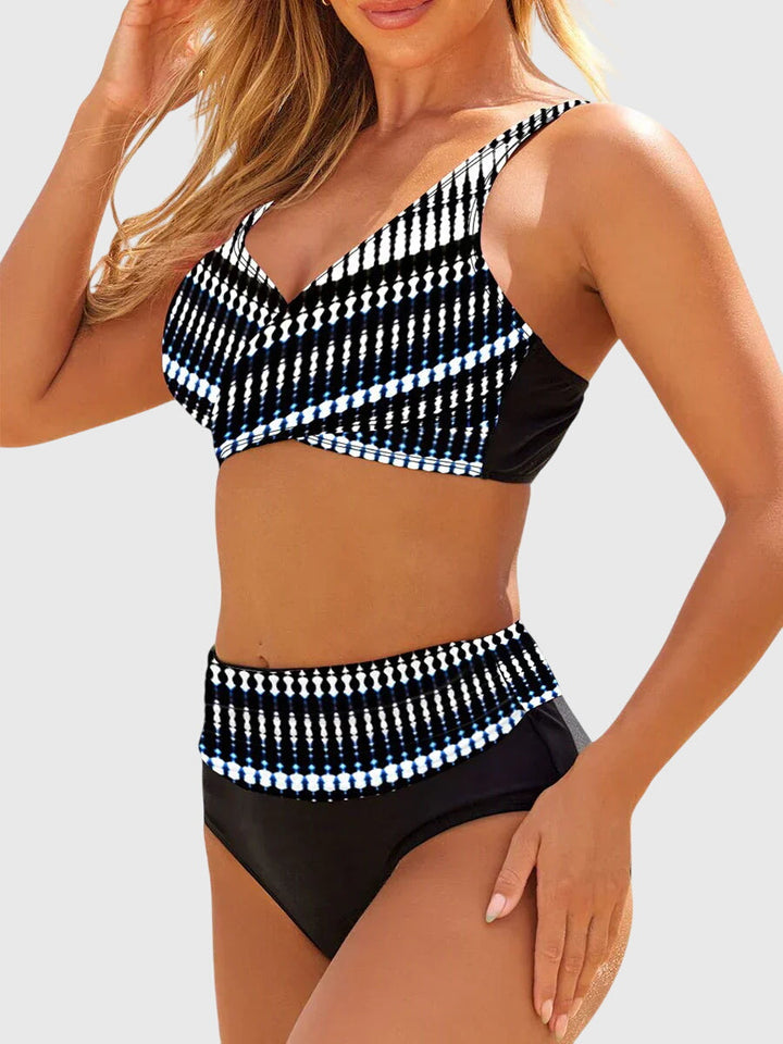 Shaping bikini set with black-and-white striped check triangle top and high-waist briefs