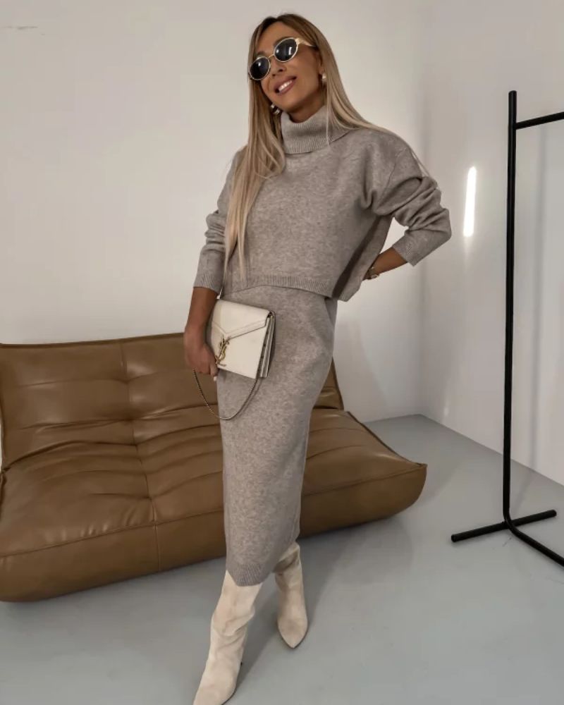 Grey knit set with turtleneck sweater top and matching slim knit midi pants