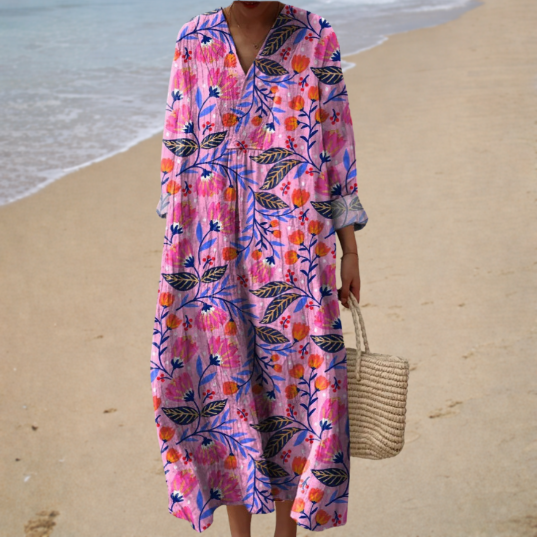 Flattering printed summer dress, pink multicolor floral leaf pattern, V-neck, long sleeves