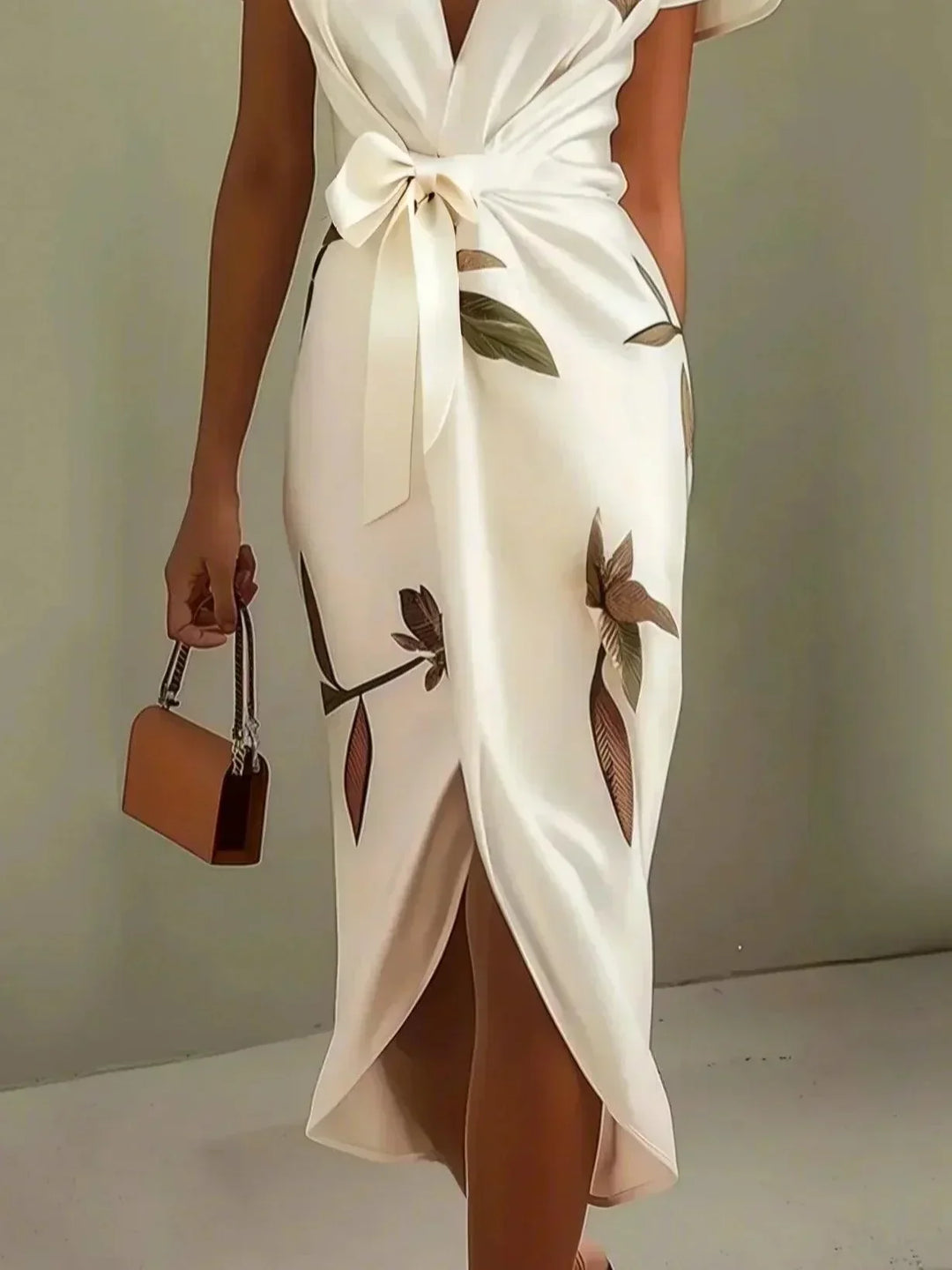 White wrap midi dress with short sleeves, V-neck, leaf print, and front wrap drape