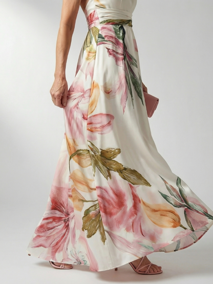 Amiel floral maxi dress detail, halter bodice with wide belt, pink and white print skirt