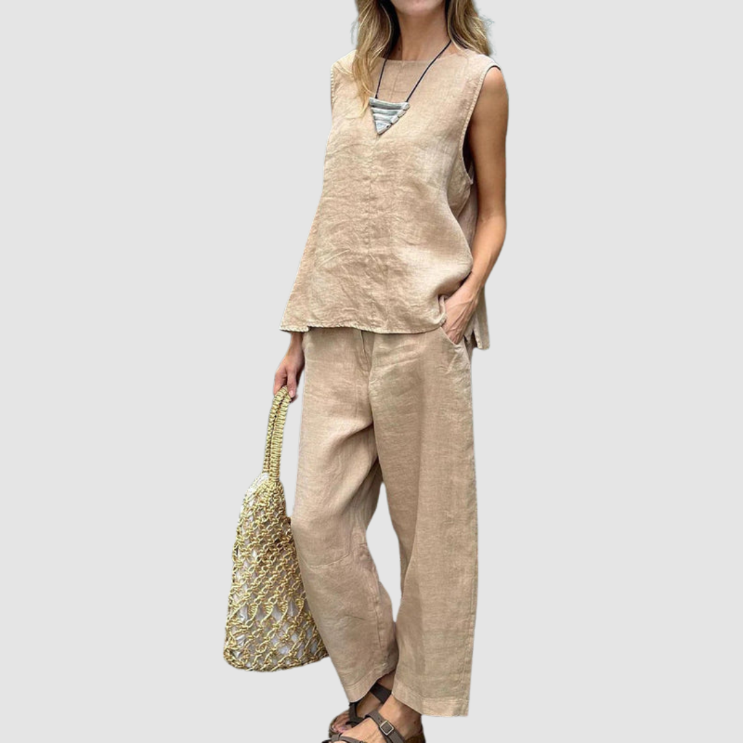 Lightweight two-piece summer set in beige: sleeveless top and cropped drawstring pants.