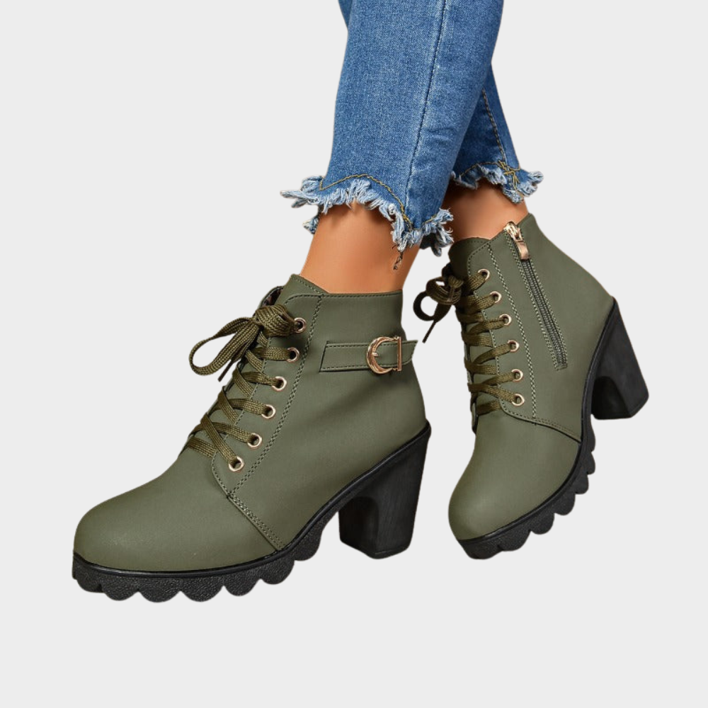 Olive green block-heel ankle boots with lace-up front and side zipper.