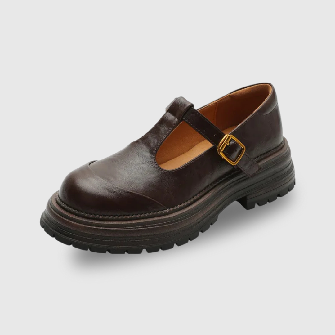 Brown T-bar shoes with cutout strap, gold buckle, and stacked sole