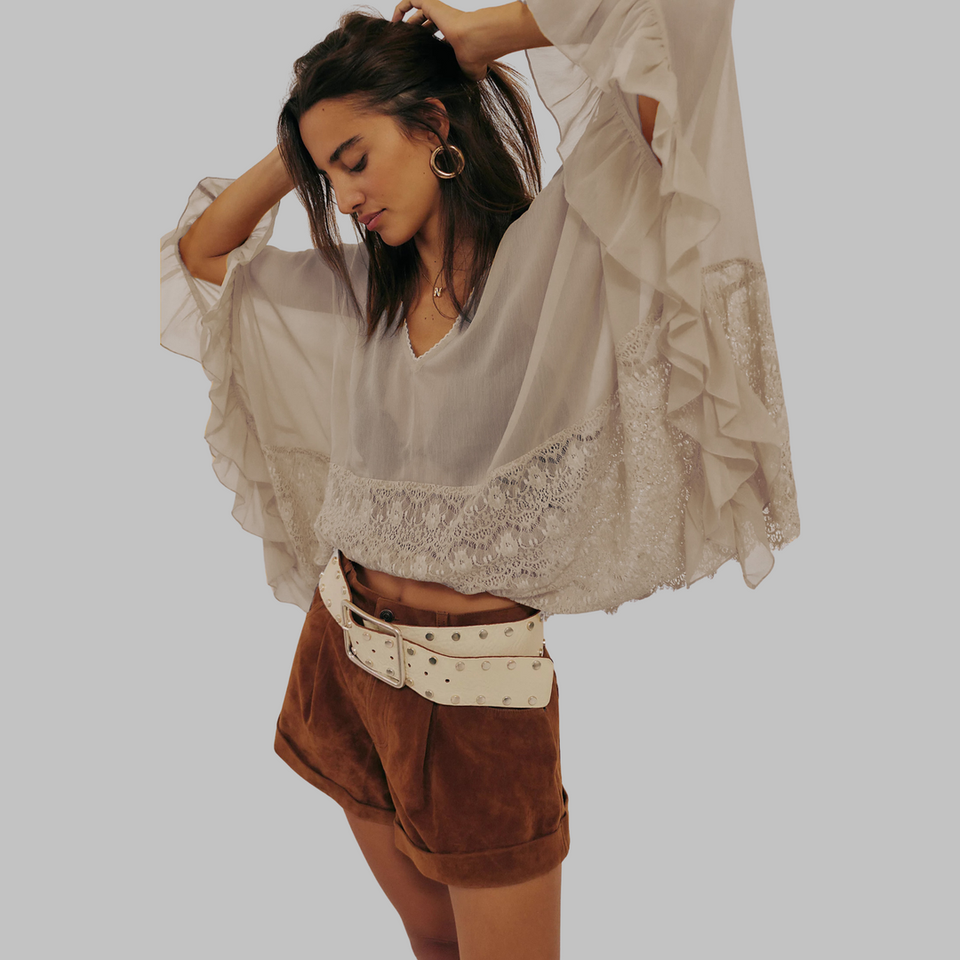 White V-neck batwing cover-up top with lace yoke and flared ruffle sleeves