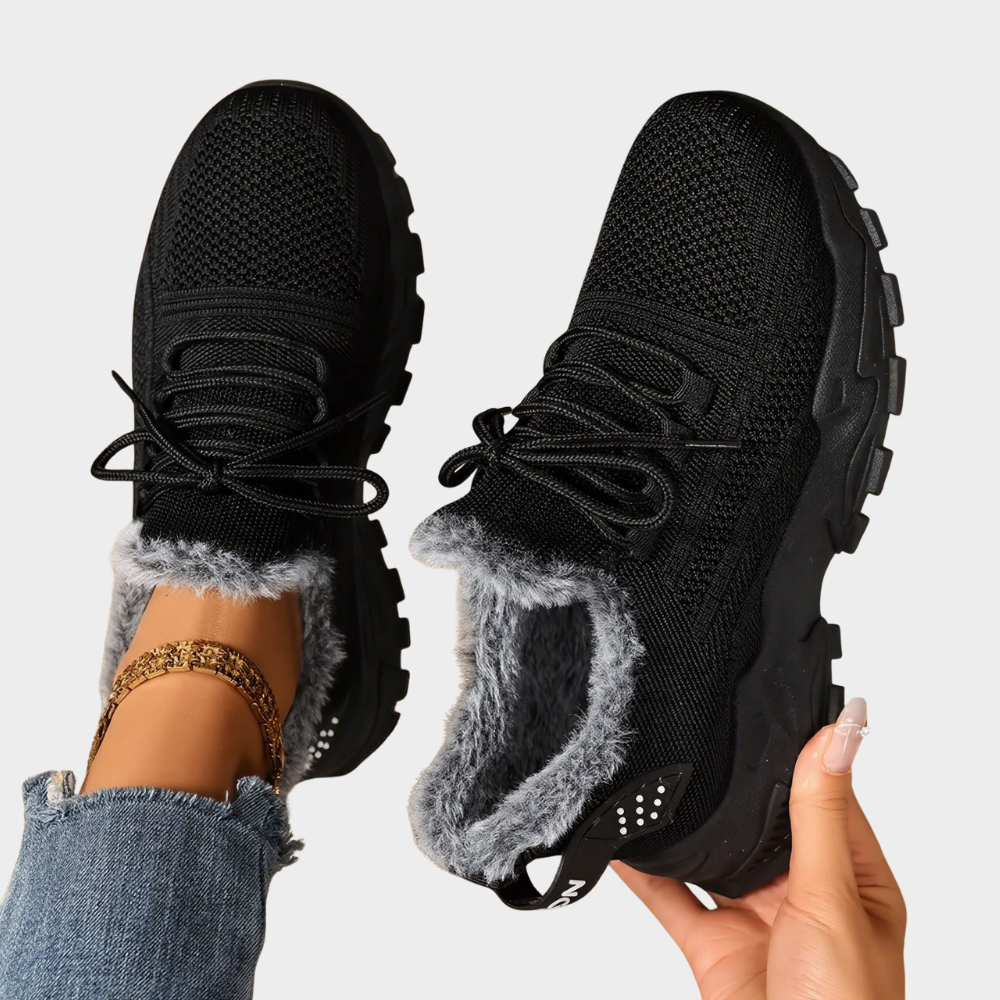 Casual lace-up lightweight sneakers, black knit upper with faux-fur cuff and chunky sole