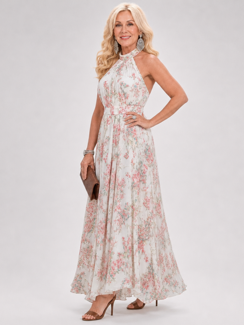 Floral print halter midi dress with gathered waist and long flowing skirt