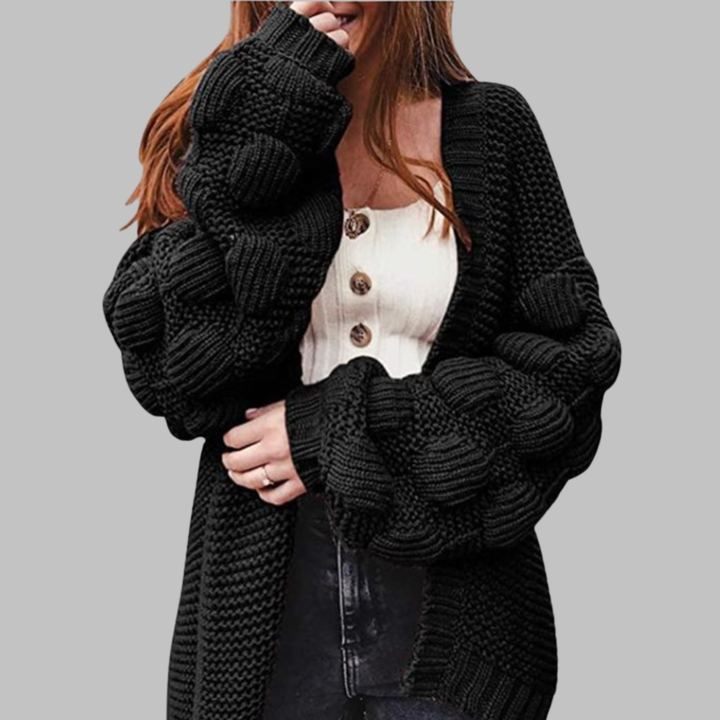 Black oversized chunky open-front cardigan with ribbed cuffs and textured knit