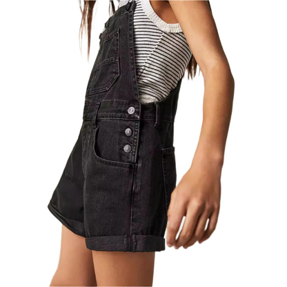 Black denim overall shorts with adjustable straps and front buttoned bib pocket