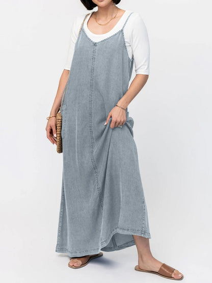 Light blue denim-look loose maxi dress with V neckline and thin spaghetti straps