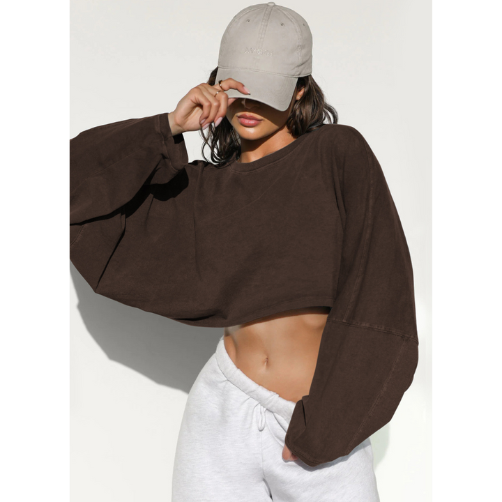 Women’s cropped pullover sweatshirt, chocolate brown crew neck with long sleeves
