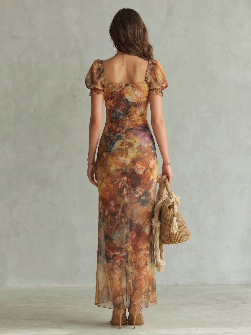 Back view of multicolor ruched midi dress with short ruffled sleeves and gathered waist