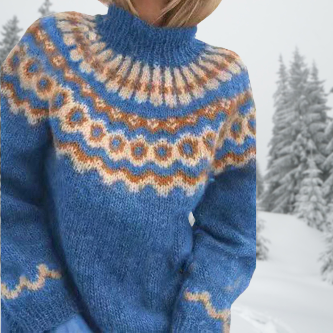 Blue knit sweater with high turtleneck and patterned yoke, long sleeves