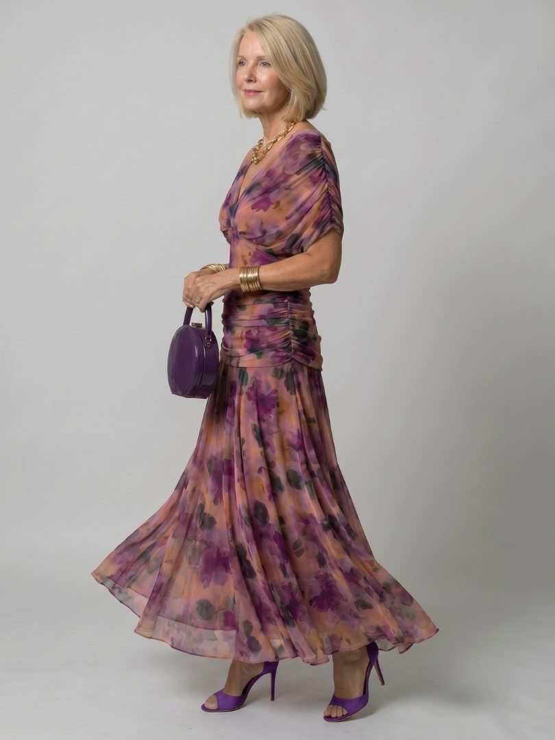 Purple off-shoulder flow midi dress, gathered waist and flared skirt