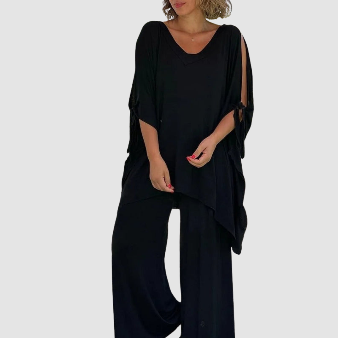 Zinnia™ relaxed style set in black: V-neck tunic with side drape and wide-leg pants