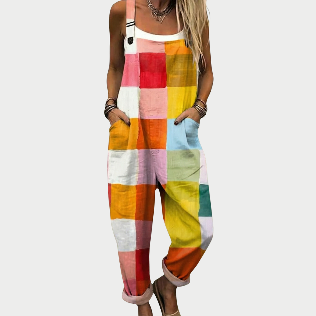 Multicolored patchwork printed overalls with wide straps and front pockets