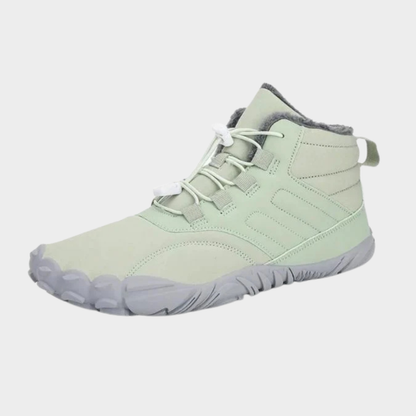 Non-slip waterproof shoes, pale green lace-up boot with padded cuff and textured rubber sole