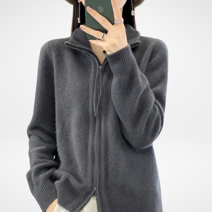 Gray zip-front knit sweater with high ribbed collar