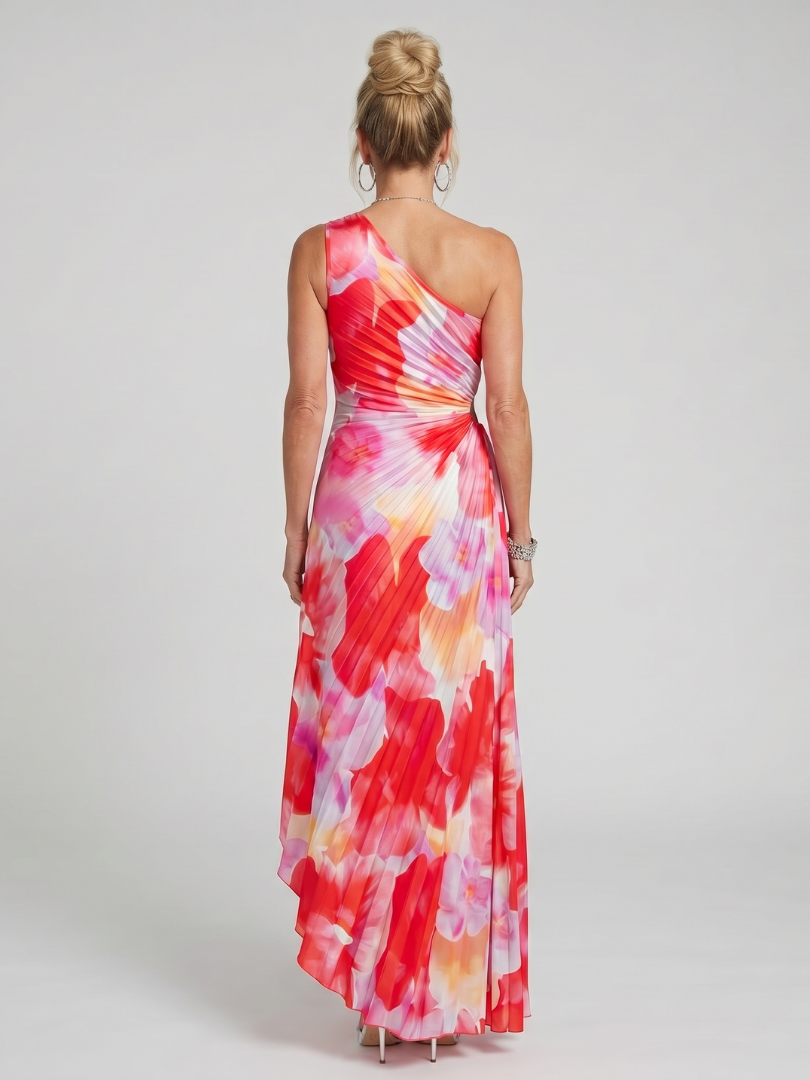Back view one-shoulder floral midi dress with draped waist detail