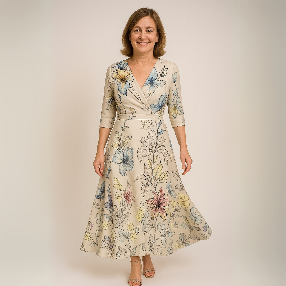 Beige floral wrap midi dress with 3/4 sleeves and V-neck