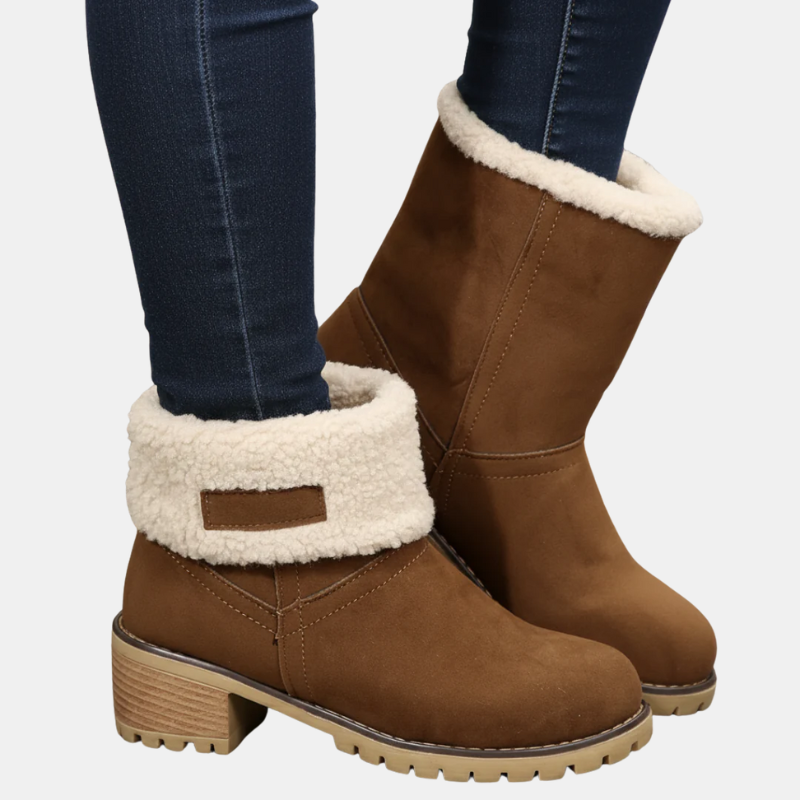 Ankle boots in brown with cream faux-fur cuff and block heel, lug sole