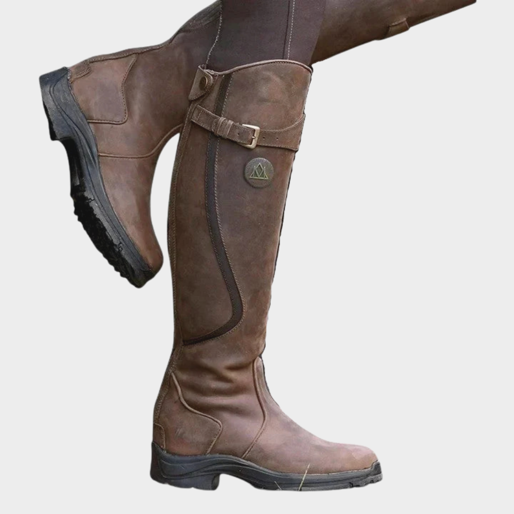 Brown orthopedic boots with adjustable top strap and side pull panel