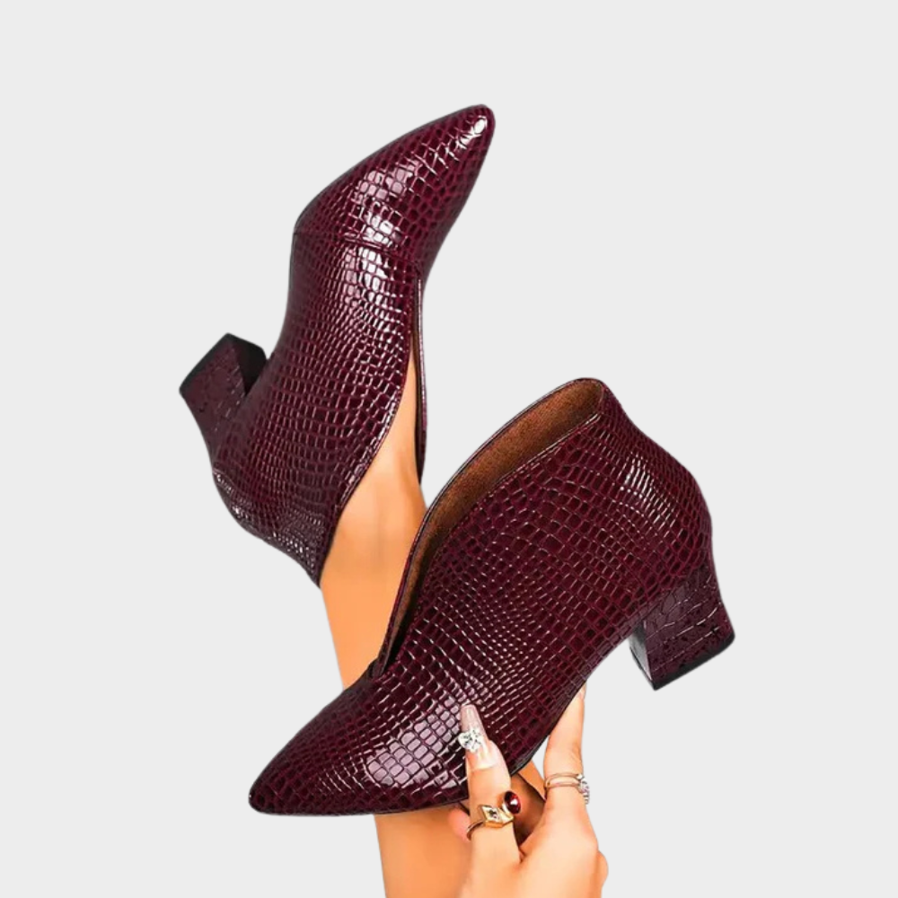 Dark red V-cut ankle boots with textured finish and block heel