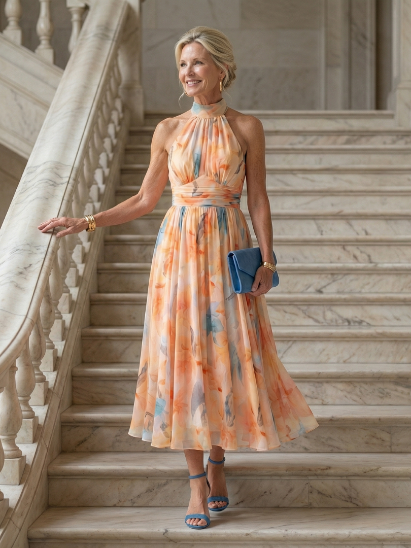 Soft halter midi dress with peach-and-blue watercolor print, gathered high neck, full skirt