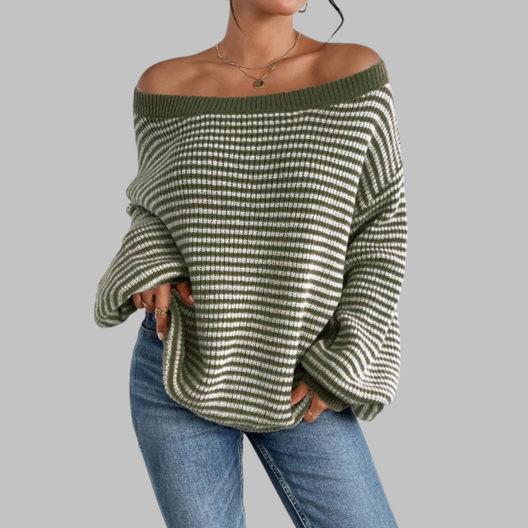 Striped drop-shoulder long-sleeve sweater, off-shoulder neckline, green and white