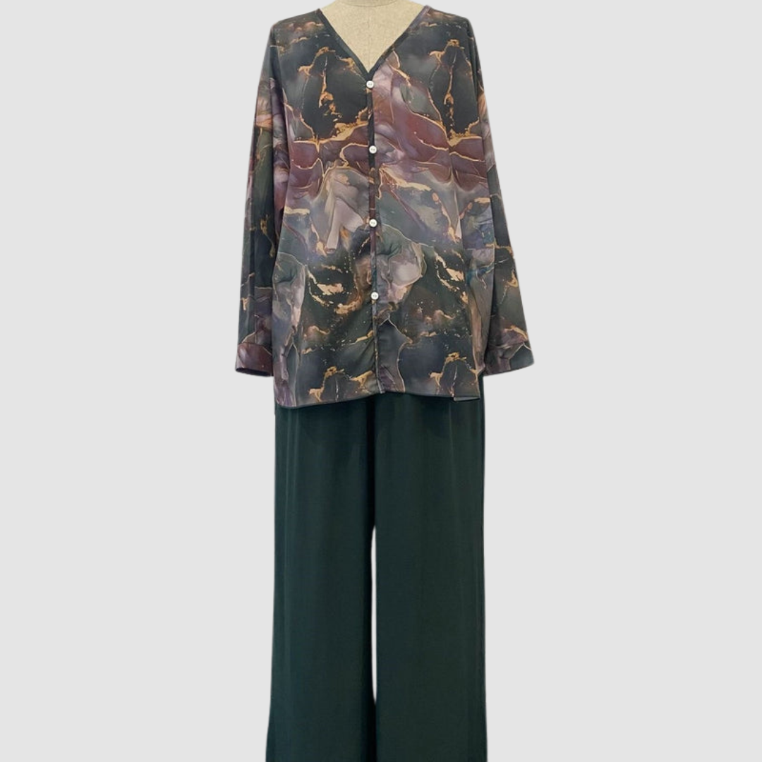 Printed blouse and wide-leg pants set with dark abstract floral print and button front