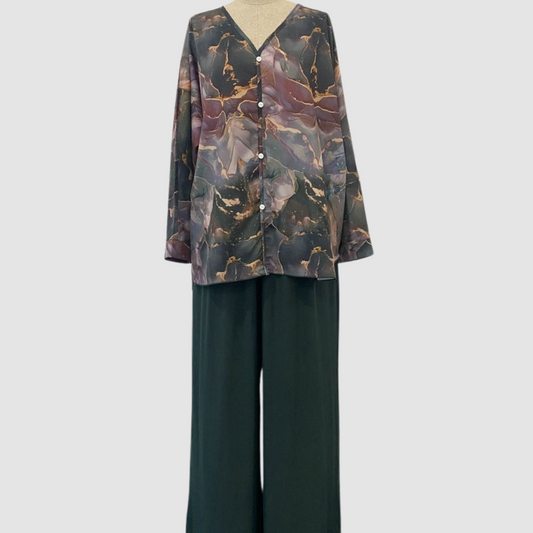 Printed blouse and wide-leg pants set with dark abstract floral print and button front