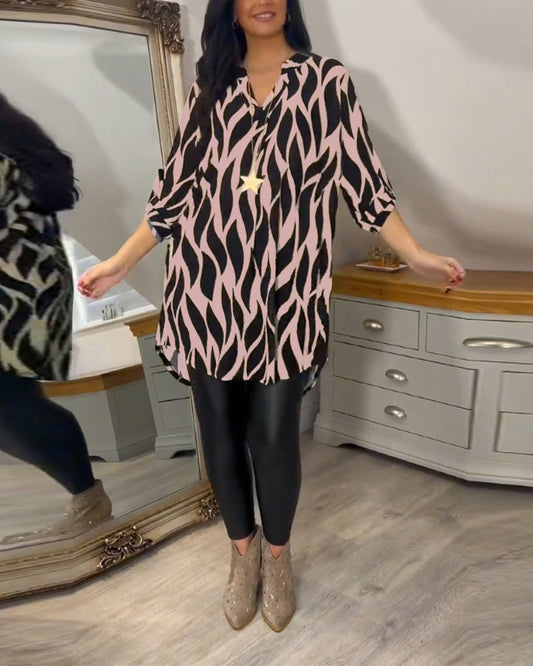 ALEXANDRA™ women’s printed loose-fit top, dark base with pink abstract pattern, V-neck