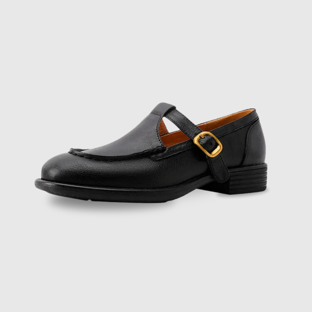 Black retro mary jane shoes with buckle strap and low block heel