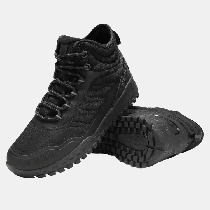 Waterproof plush warm boots, lace-up front, black upper, grippy tread outsole