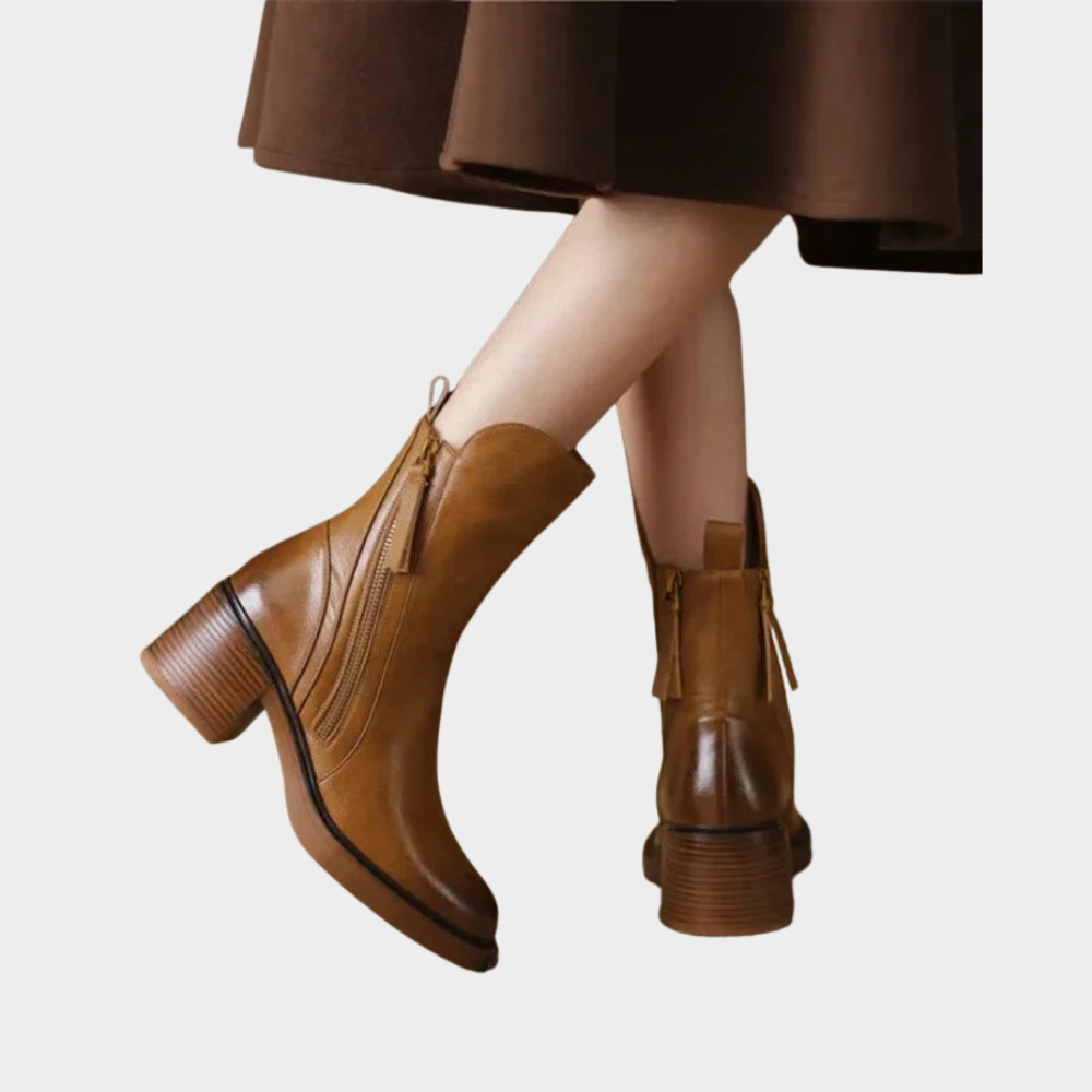 Brown leather ankle heeled boots with side zip, tassel pull, block heel