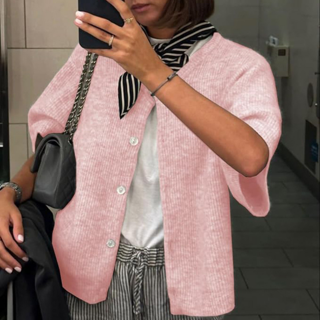 Lightweight short sleeve button cardigan, light pink knit with front buttons and ribbed texture