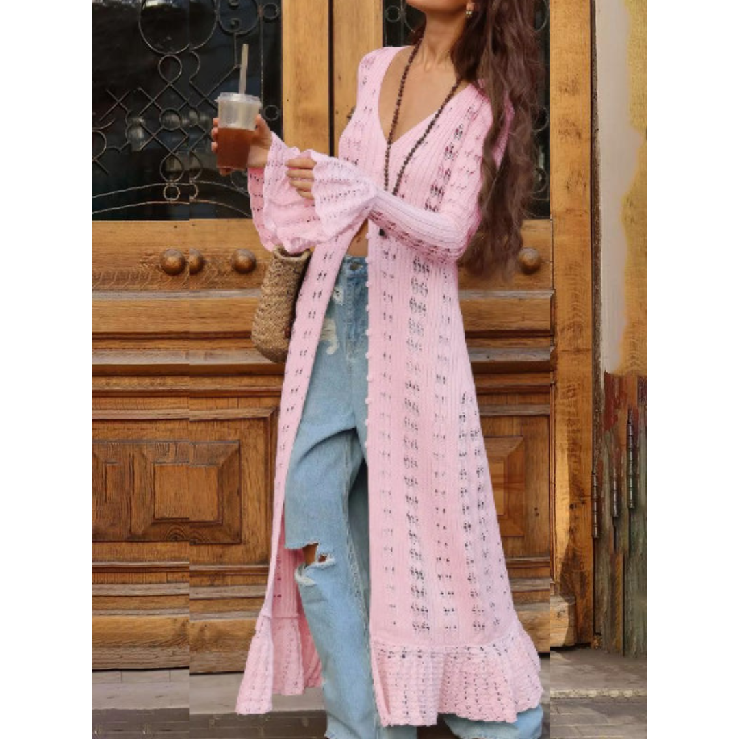 Pink fitted cardigan with flounce sleeves and button front, open knit