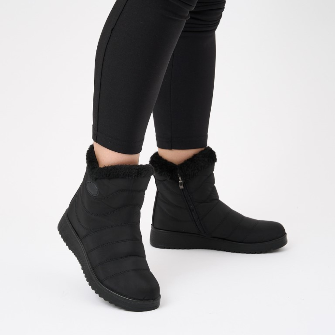 Black ankle boots with faux fur trim and side zipper, textured rubber sole