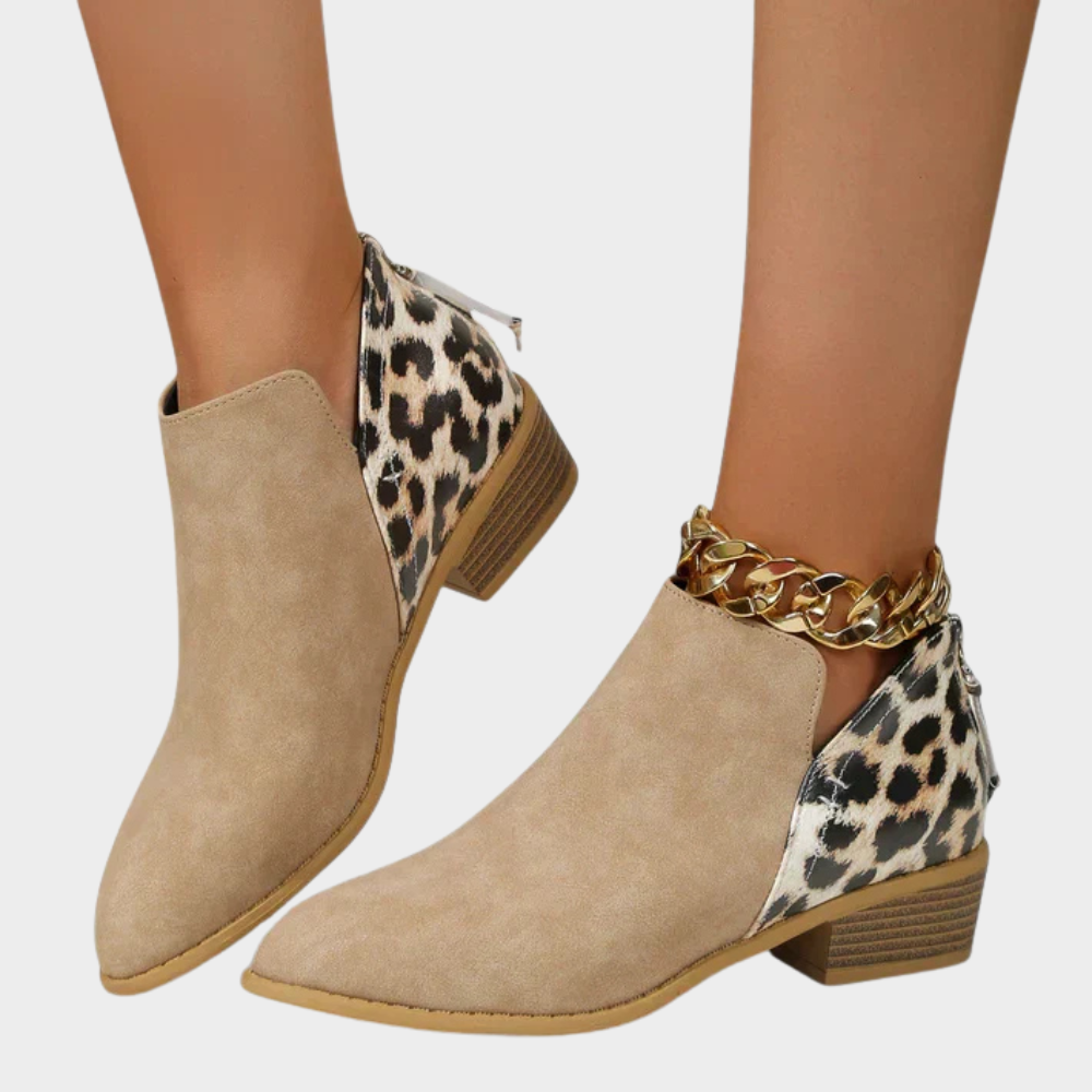 Khaki ankle boots with leopard-print side panels, gold chain ankle strap, and block heel
