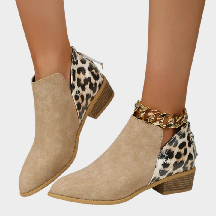 Khaki ankle boots with leopard-print side panels, gold chain ankle strap, and block heel