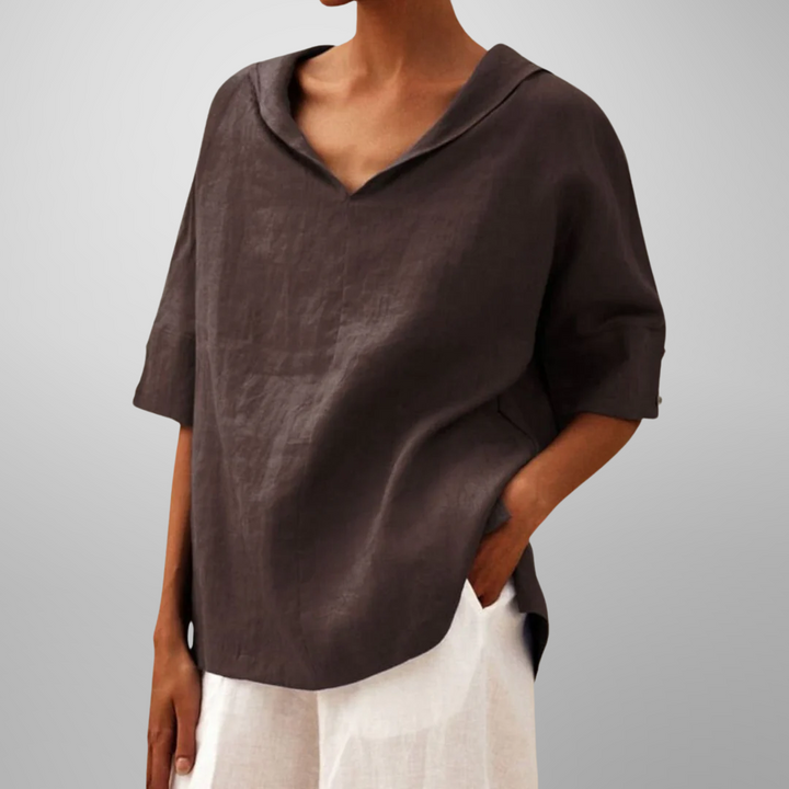 Women’s loose cotton blouse, brown, V-neck with hooded collar, short sleeves