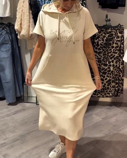 Beige long hooded dress with short sleeves and kangaroo front pocket