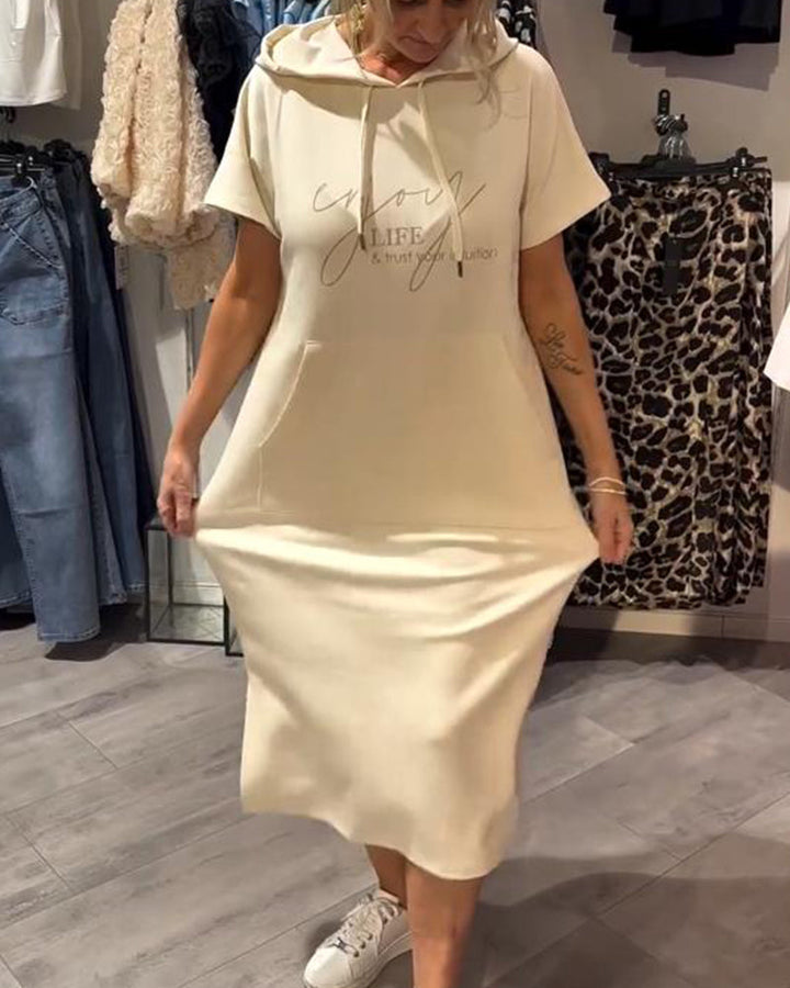 Beige long hooded dress with short sleeves and kangaroo front pocket