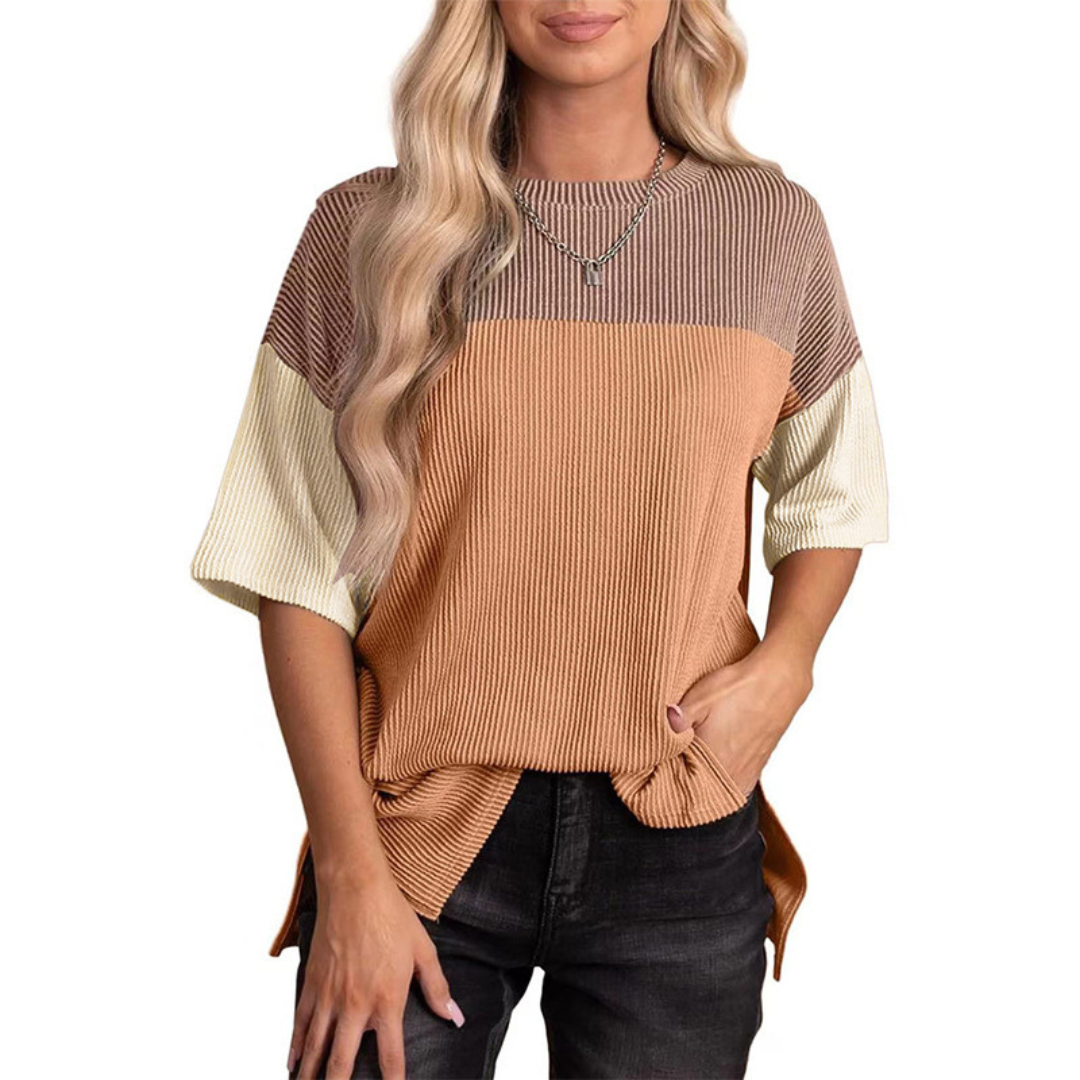 Khaki and brown color-block striped summer top, ribbed round neck, short sleeves
